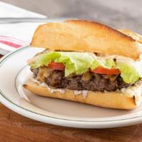 Mary'S Famous Hamburger · A 1/3 lb all natural beef* patty topped with our Thousand Island dressing, mayo, grilled oni...