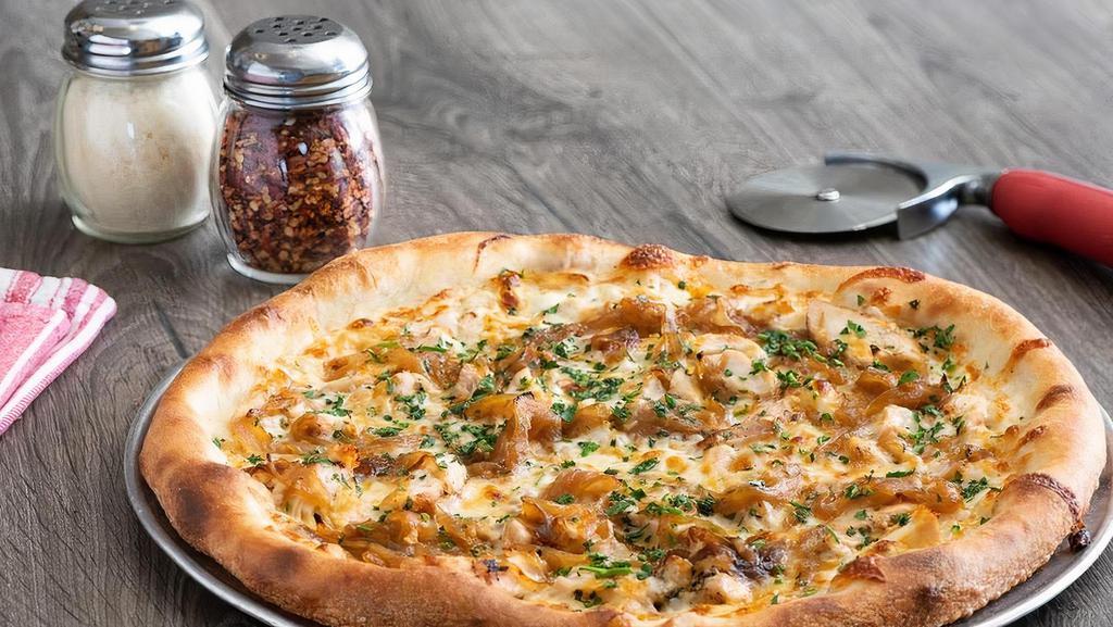 Medium Tuscan Garlic Chicken · Sauce centric: our own roasted garlic sauce, grilled chicken, caramelized onions, mozzarella and a drizzle of olive oil.