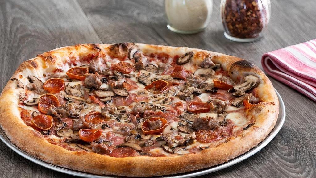 Large Mary'S Combo · Full of all things good: salami, pepperoni, cotto salami, mushrooms, Italian sausage and our homemade pizza sauce.