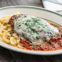 Chicken Parmigiana · Lightly breaded chicken breast smothered in homemade marinara sauce and melted provolone, se...