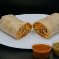  Breakfast Burrito · Available all day. 
Flour tortilla, rice, beans, salsa, 2 eggs, and your choice between: bac...