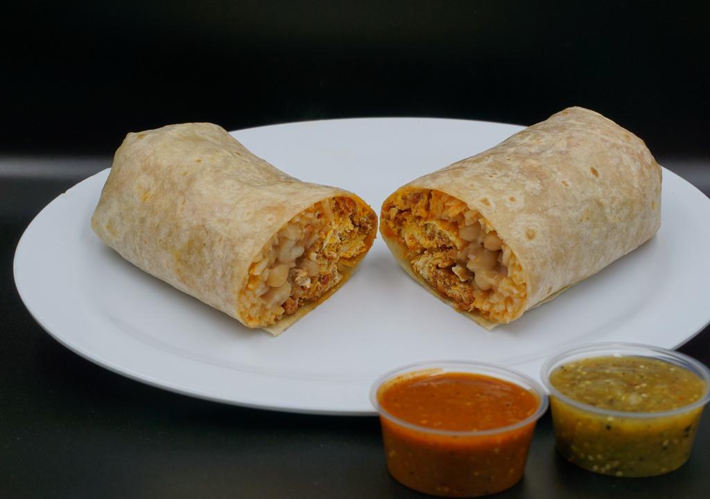  Breakfast Burrito · Available all day. 
Flour tortilla, rice, beans, salsa, 2 eggs, and your choice between: bacon, cactus, chorizo, ham , or potatoes