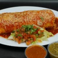 Santa Fe Super Burrito · Flour tortilla, rice, beans, choice of meat salsa, guacamole. Covered in either red or green...