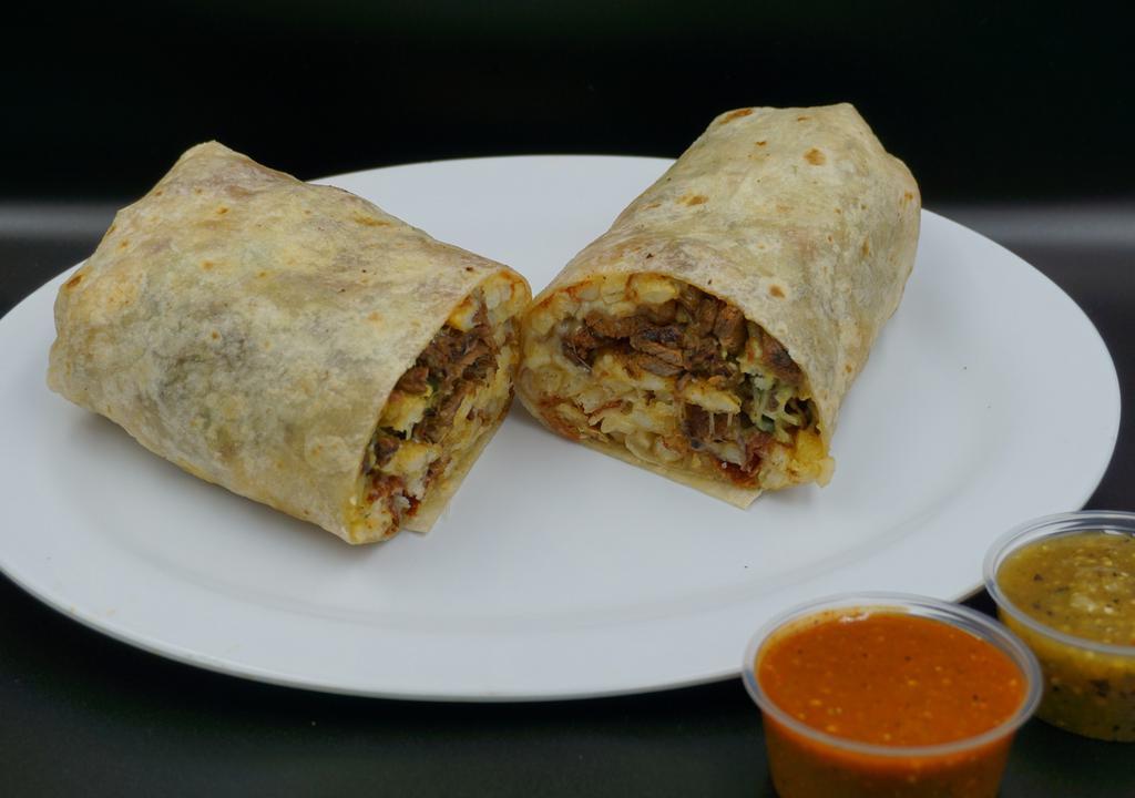 Regular Burrito · Flour tortilla, rice, beans, your choice of meat, and salsa.