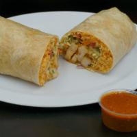 Fish or Shrimp Burrito · Flour Tortilla rice, fish or shrimp, cabbage salad, avocado sauce and chipotle sauce.