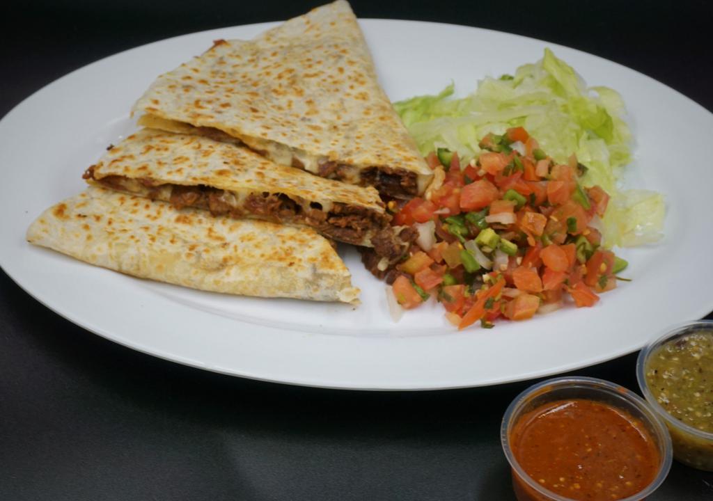 Quesadilla With Meat · Flour tortilla, cheese your choice of meat. Lettuce and pico de gallo on the side.