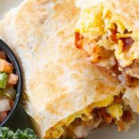 SJ Bacon Breakfast Burrito · Fresh bacon with eggs, pepper jack cheese, cheddar cheese, sour cream, onions and salsa wrap...