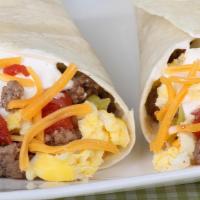 The SJ Sausage & Jalapeños Breakfast Burrito · Fresh sausage with eggs, chopped jalapeños, pepper jack cheese, cheddar cheese, sour cream, ...