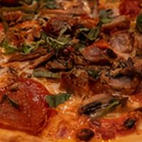 Pizza Diavola · Pepperoni, sausage, mushrooms, oregano, mozzarella cheese, tomato sauce