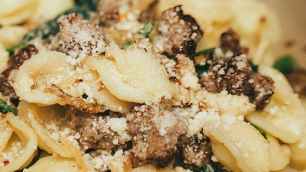 Family Style Orecchiette · Ear shaped pasta with sausage, fennel, broccoli rabe, pepper flakes, pecorino