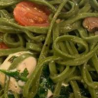 Paglia e Fieno · fresh linguini pasta, roasted Portabella mushrooms, tomatoes, garlic, arugula, calabrian chi...