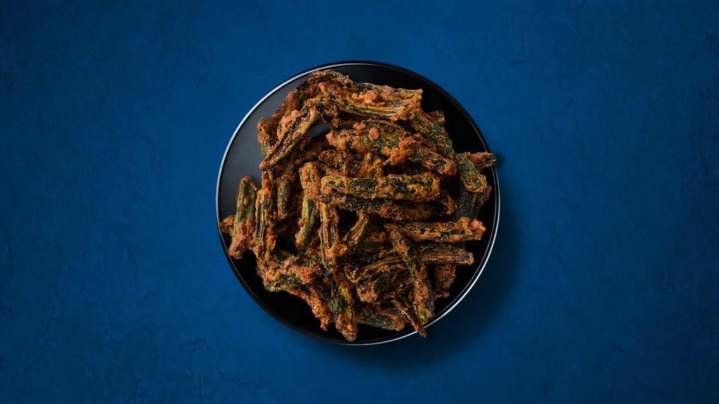 Okra Fry · Diced fresh okra, stir-fried with onions, garlic, and spices till crisp.