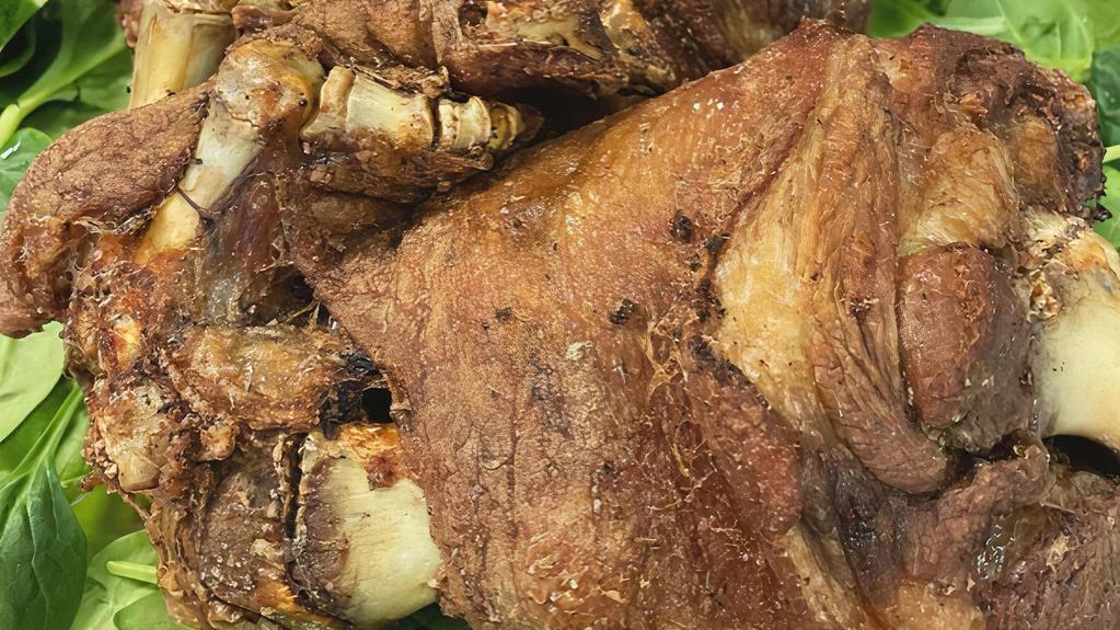 Large Crispy Pata Pork Hock · Gluten Free. deep fried pork hock, pigs feet. Crispylicious skin outside and tender and juicy on the inside.