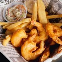 Shrimp and Chips · 6 pieces. Steak cut French fries, tartar sauce, and coleslaw included.