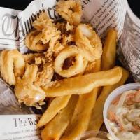 Calamari and Chips · Steak cut French fries, tartar sauce, and coleslaw included.