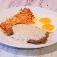 COUNTRY FRIED STEAK & EGGS · 1/3 lb country fried steak, housemade country gravy, two eggs any style, hash browns, pancak...