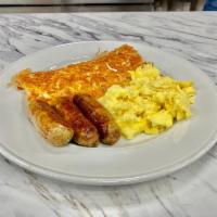 SAUSAGE & EGGS · Three large sized sausage links, two eggs any style, hash browns, pancakes or toast.