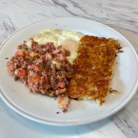 CORNED BEEF HASH · From scratch! Ground, corned beef, diced potatoes, bell peppers, two eggs any style, hash br...