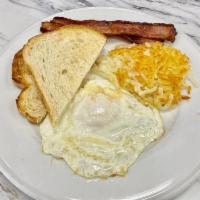 KIDS MINI BREAKFAST · Two strips bacon, 1/2 order hash browns, one egg, one slice toast