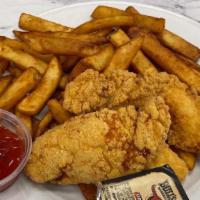 KIDS CHICKEN STRIPS · Breaded chicken strips, French fries, BBQ sauce.