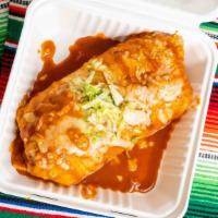 Regular Wet Burrito · W/ rice, beans, salsa & enchilada sauce on top.