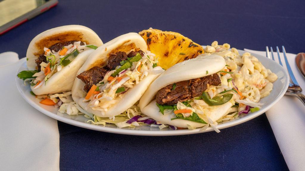 Alley 'Bao' Buns · BBQ pork or tofu. Our version of a really good taco! Delectable buns are freshly steamed and filled with our five spice braised pork or our marinated and grilled tofu. We top it off with a zesty cabbage slaw, pickled jalapenos and our molasses - ginger glaze.