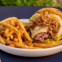 The Pastr-Alley Burger · Char grilled, fresh ground brisket and short rib burger, served on a toasted brioche bun wit...
