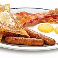 Split Decision Breakfast · Two eggs* your way, 2 bacon strips, 2 pork sausage links, 2 triangles of French toast & 2 bu...