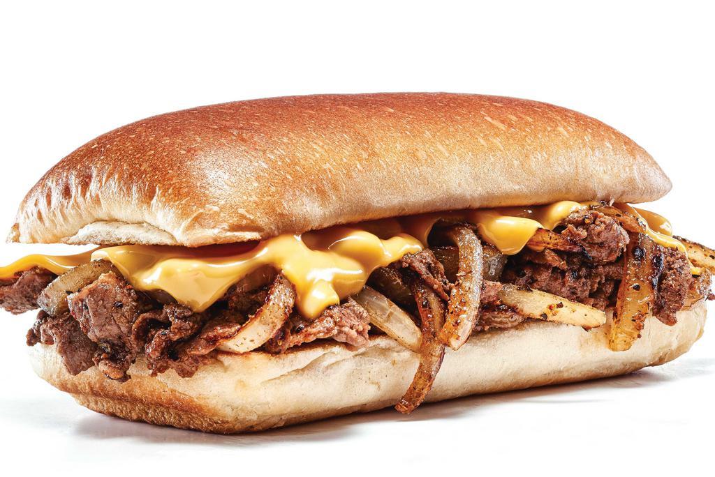 Philly Cheese Steak Stacker · Grilled sirloin steak & onions topped with melted American on a grilled roll.