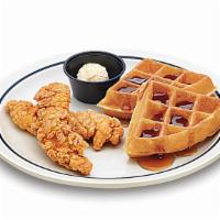 Chicken & Waffles · Two buttermilk crispy chicken breast strips & 2 Belgian waffle quarters.