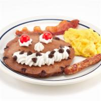 Funny Face® Pancake Combo  · Chocolate Funny Face® Pancake served with 1 scrambled egg, 1 bacon strip & 1 pork sausage li...
