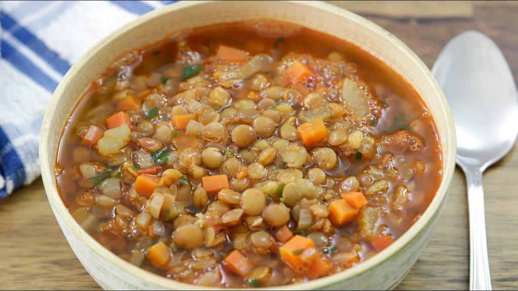 Lentil Soup · Includes pita bread, potatoes, carrots, zucchini, and spices.