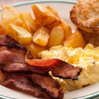 The Breakfast Combo · Fresh eggs, bacon, pancakes, and house potatoes.