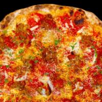 Meatball Pizza · Tomato Sauce, House Made Meatballs, Provolone, Ricotta, Roasted Garlic, Calabrian Chili Past...