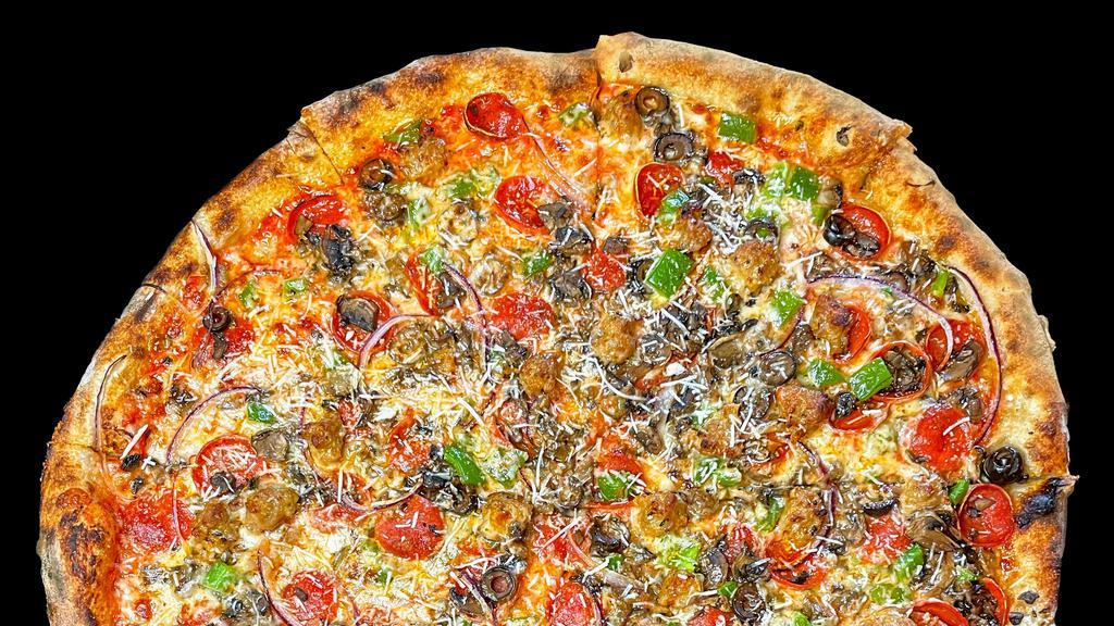 A Love Supreme · Tomato Sauce, Mozzarella, Pepperoni, Sausage, Black Olives, Mushrooms, Green Bell Peppers, Red Onion, Parmesan