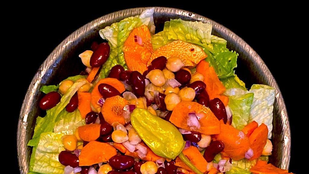 House Salad · Romaine, Kidney Beans, Garbanzo Beans, Red Onion, Carrots, Hot Pepper, House Italian Dressing (Dressing served on the side).