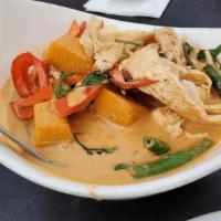Pumpkin Curry · Simmered in red curry spices, with coconut milk, green beans, bell peppers, pumpkin and basi...