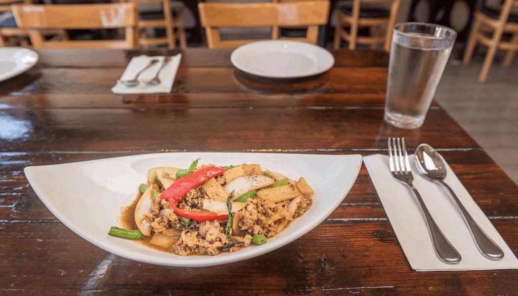 Gra Pow* · Your choice of meat minced and sauteed with Thai basil leaves, string beans, onions, bamboo shoots, chili, and bell peppers