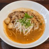 Spicy Noodle Soup   · Rice noodles, ground pork, ground peanuts, green onions, and bean sprouts in spicy Thai styl...