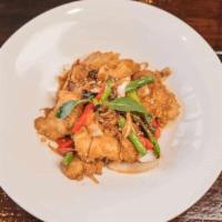 Pla Pad Cha  · Sole fried in spicy sauce with onions, bell peppers, basil, green beans, young peppercorns, ...