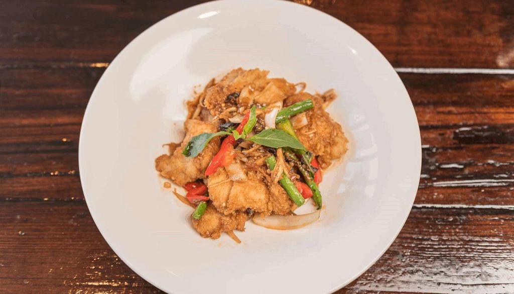 Pla Pad Cha  · Sole fried in spicy sauce with onions, bell peppers, basil, green beans, young peppercorns, and Thai herbs