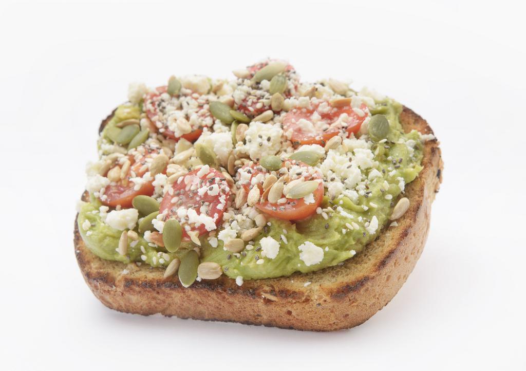 Superseed Avocado Toast · Whole Grain Bread, Avocado, Grape Tomato, Feta, Superseed Crunch, Sea Salt.