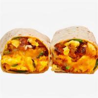 Spicy Steak Breakfast Burrito · Scrambled eggs, carne asada, potatoes, melted cheese, jalapeños, caramelized onions, avocado...