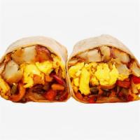 Loaded Veggie Breakfast Burrito · Scrambled eggs, fajita peppers and onions, potatoes, spinach, melted cheese and avocado.