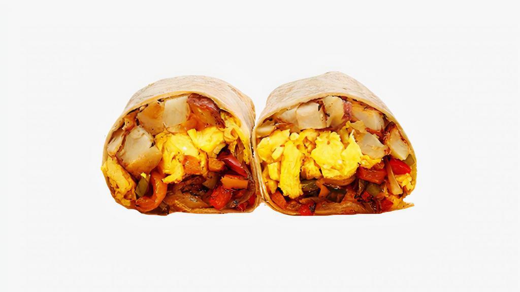 Loaded Veggie Breakfast Burrito · Scrambled eggs, fajita peppers and onions, potatoes, spinach, melted cheese and avocado.