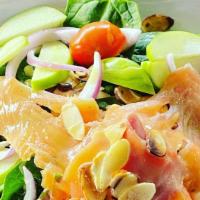 Smoked Salmon Salad · Smoked Salmon, Green Apple, Fresh tomatoes, Spinach, Toasted Almond,Red Onions with House Dr...