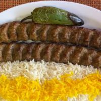 Ground beef kabob(koobideh) · Two Skewers of  ground beef seasoned with onions and spices, served with basmati saffron ric...