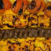 Taste of Persia special  No:3 (Tray) · Three skewers of: chicken breast  kabob, chicken thigh kabob, ground beef kabob (koobideh) a...