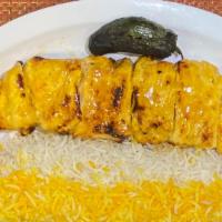 Chicken breast kabob   · Chicken breast marinated with saffron and special sauce and spices. Served  with  Basmati sa...