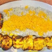 Chicken thigh  kabob · Chicken Thigh marinated with saffron and special sauce and spices, served with basmati saffr...